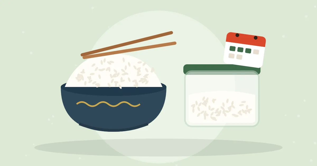 Bowl of cooked white rice with chopsticks next to a glass storage container of rice and a calendar
